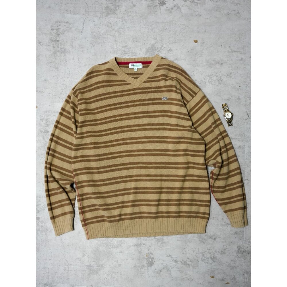 Y2k Ecko Unltd Brown Stripes V Neck Sweater